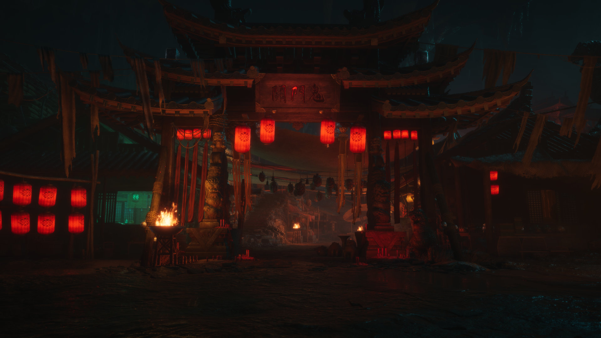 Traditional chinese architecture silhouette against a foggy moonlit sky